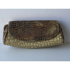 VTG Inge Christopher Vintage Evening Bag Beaded Gold Metallic Croc Clutch Strap